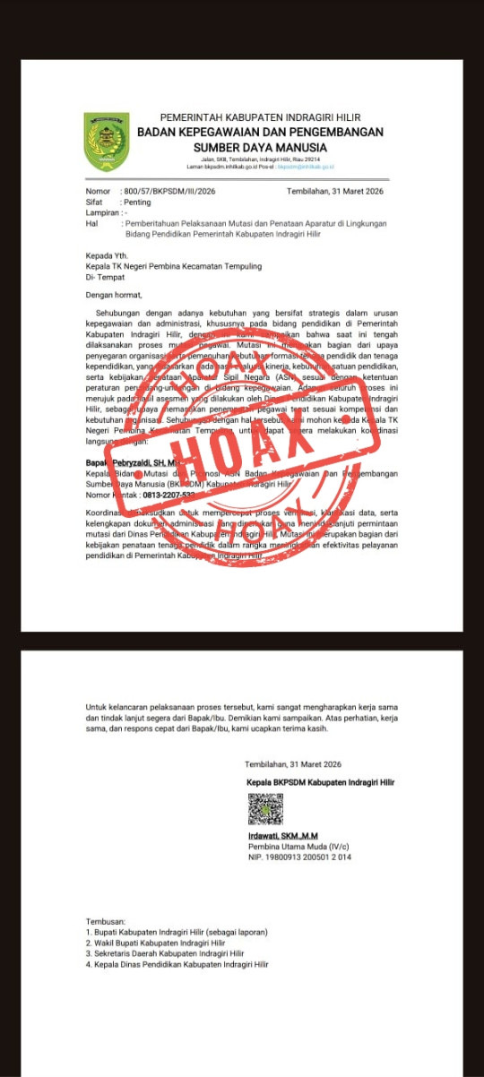 BKPSDM Inhil Tegaskan Surat Mutasi ASN yang Beredar adalah Hoaks